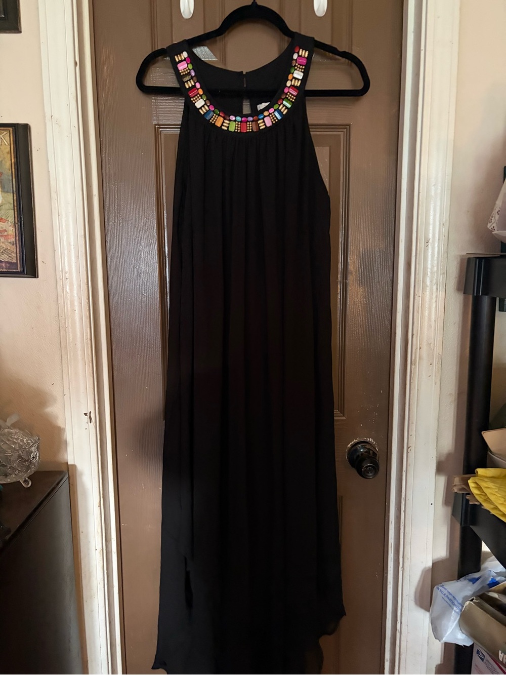 Black Sleeveless Maxi Dress with Beaded Neckline